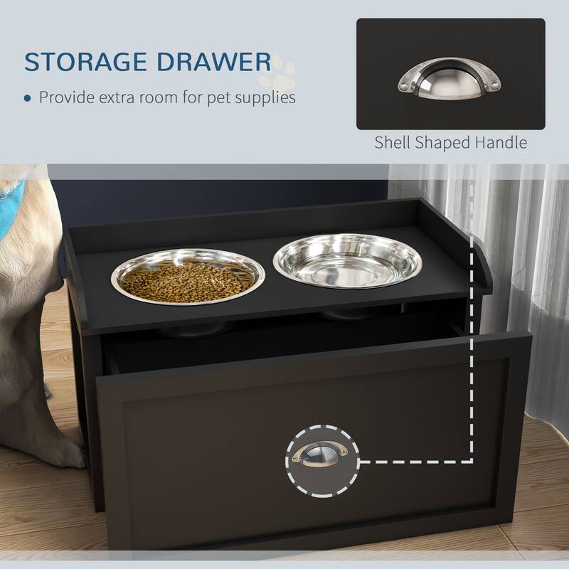 PawHut Dog Feeding Station with Storage Drawer, Removable Elevated Dog Bowls for Large Sized Dogs, Black