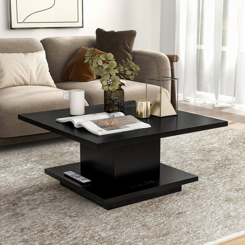 Ross Modern Square Coffee Table with Wrap Around Base Shelf and Hidden Storage by Strick & Bolton