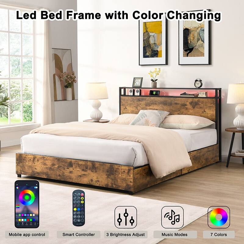 Queen Storage Bed Frame with Charging Station, LED Lights & Noise-Free Design, Easy Assembly