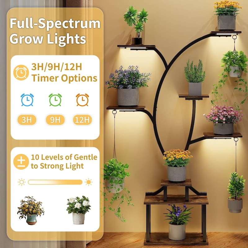 VECELO Indoor Plant Stand with Grow Lights 4 Styles 6/7/9 Shelves Adjustable Timer & Brightness Decorative Rack for Living Room