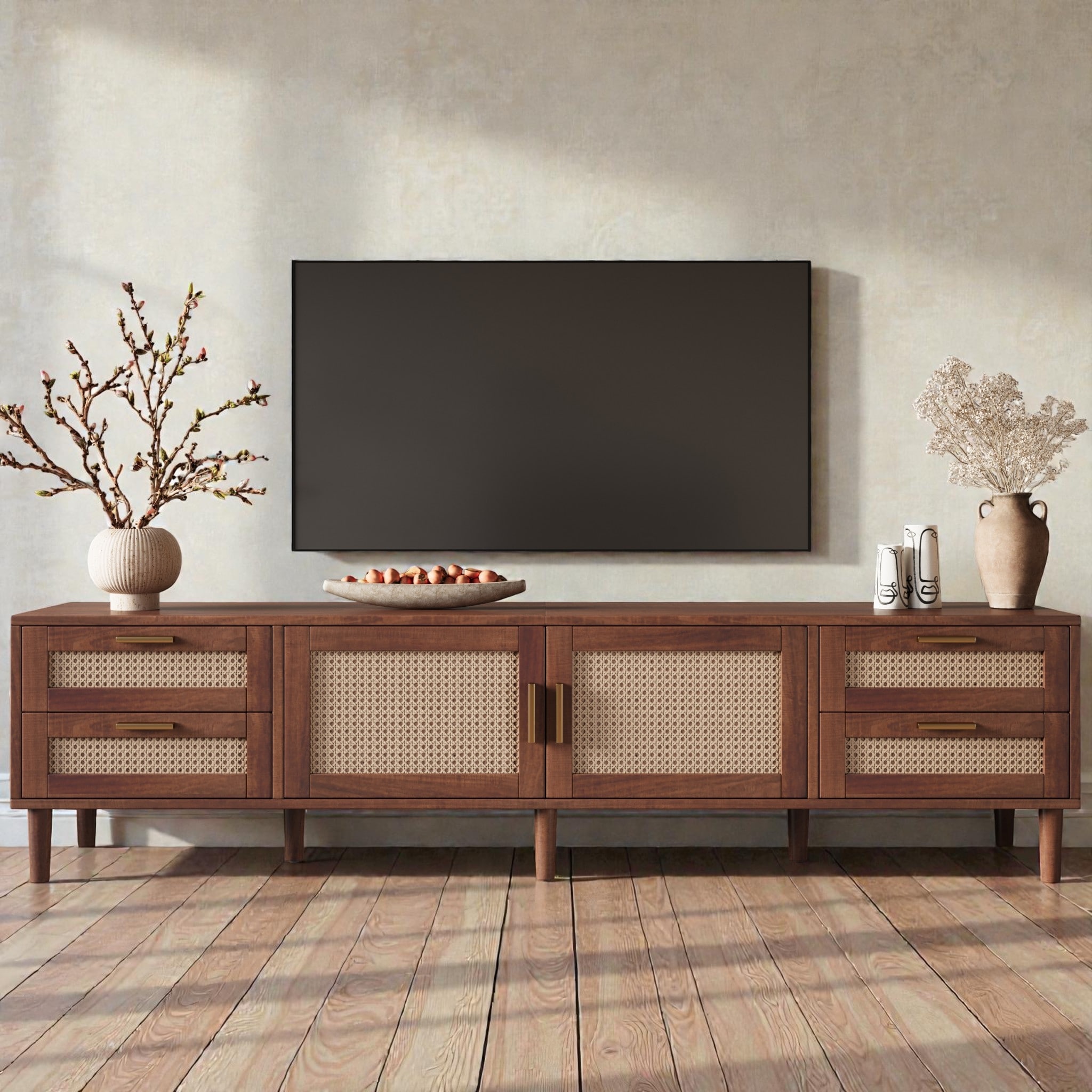 78" Rattan TV Stand for TVs up to 85", Modern Media Console with 4 Drawers, Soft-Close Hinges & Solid Wood Legs