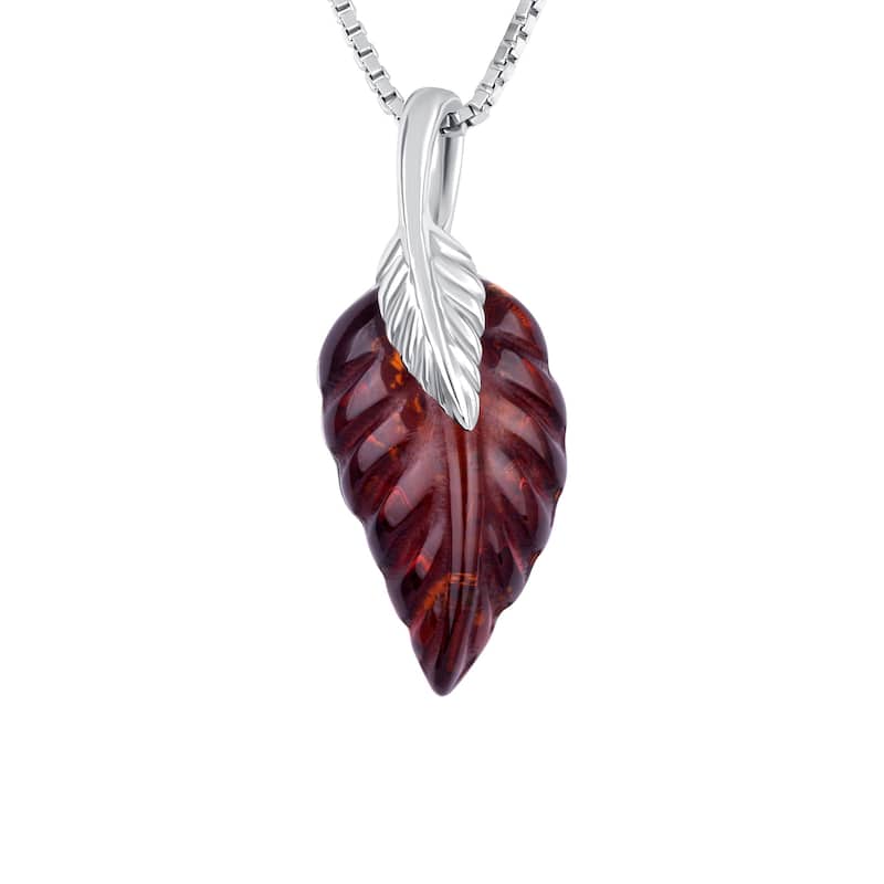 Baltic Amber Leaf Pendant Necklace in Sterling Silver