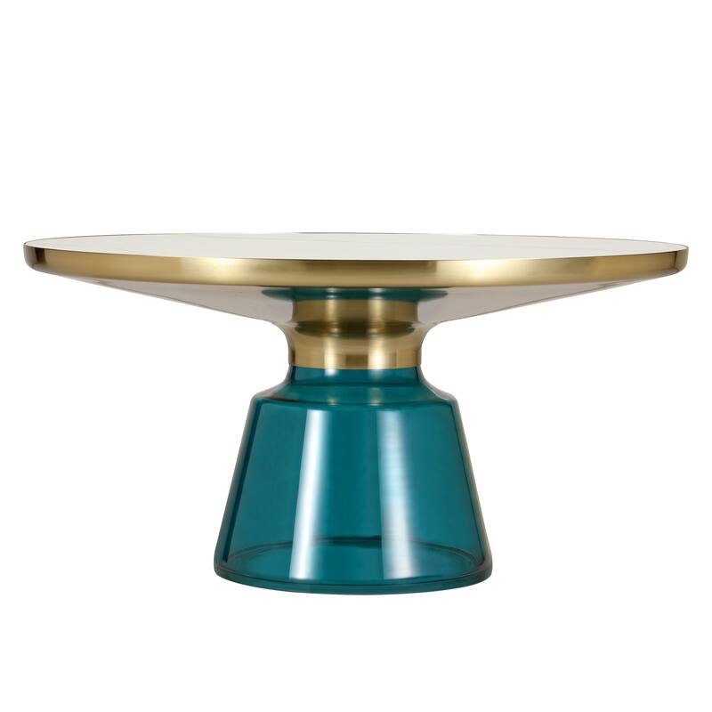 30-Inch Round Coffee Table Glass/Stone Tabletop with Gold Iron Rim Frame Glass Pedestal Base