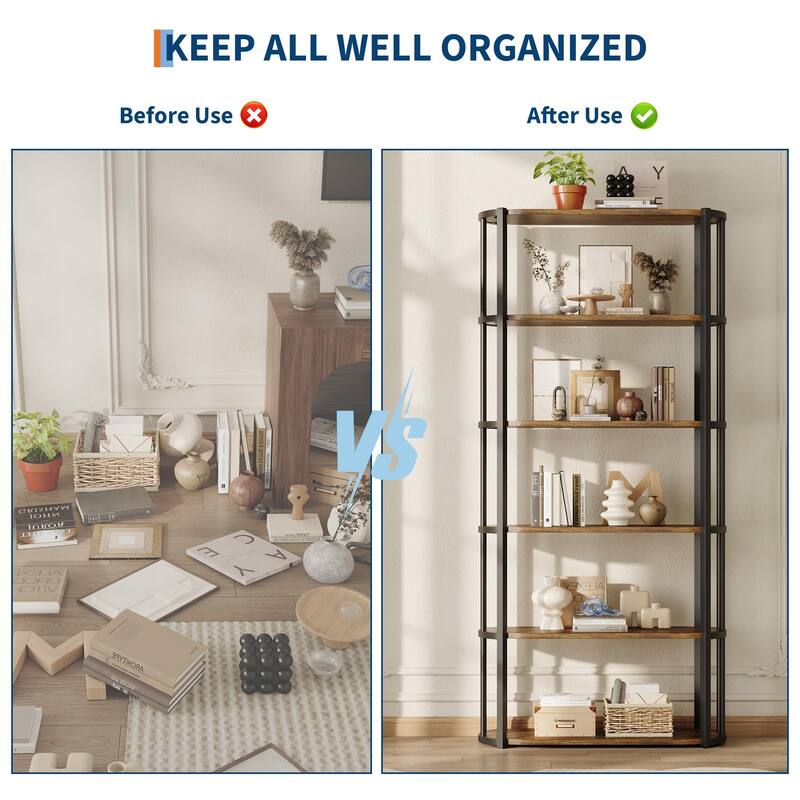 71 Inch Tall Bookshelf, 6 Tier Industrial Bookcase with Heavy Duty Metal Frame, Slim Farmhouse Storage Shelves