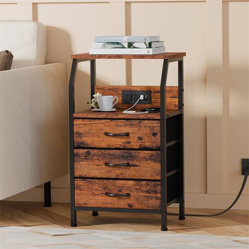 Night Stand with Charging Station Small Bedside Table with Wood Shelf