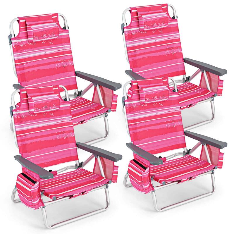 Set of 4 Backpack Beach Chair 5-Position Lay Flat Beach Chairs - Dark Pink