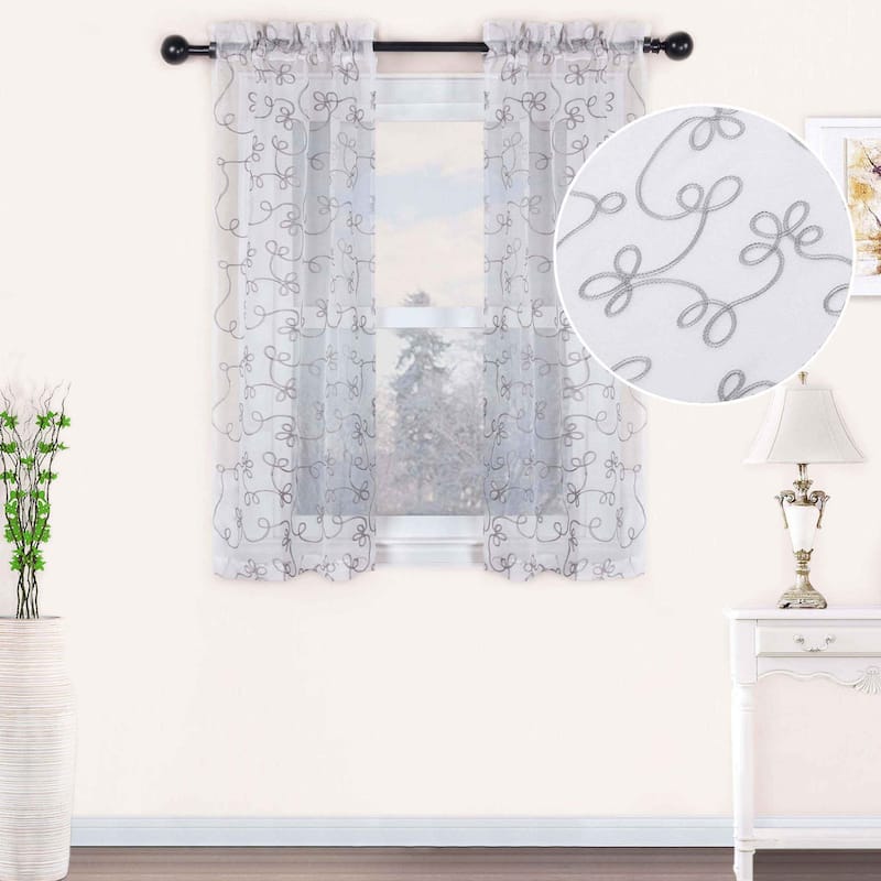 Superior Bohemian Floral Scroll Sheer Curtain Set with 2 Panels - 26" X 84" - Grey