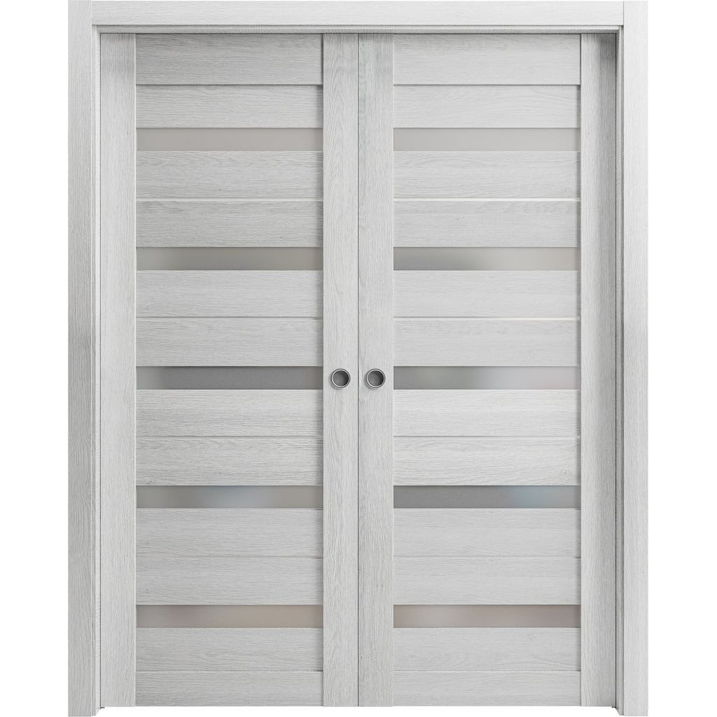 SartoDoors Quadro 4445 | Interior French Doors Double French | Solid Wood w/ Glass | Hardware Set | 36x80, Light Grey Oak