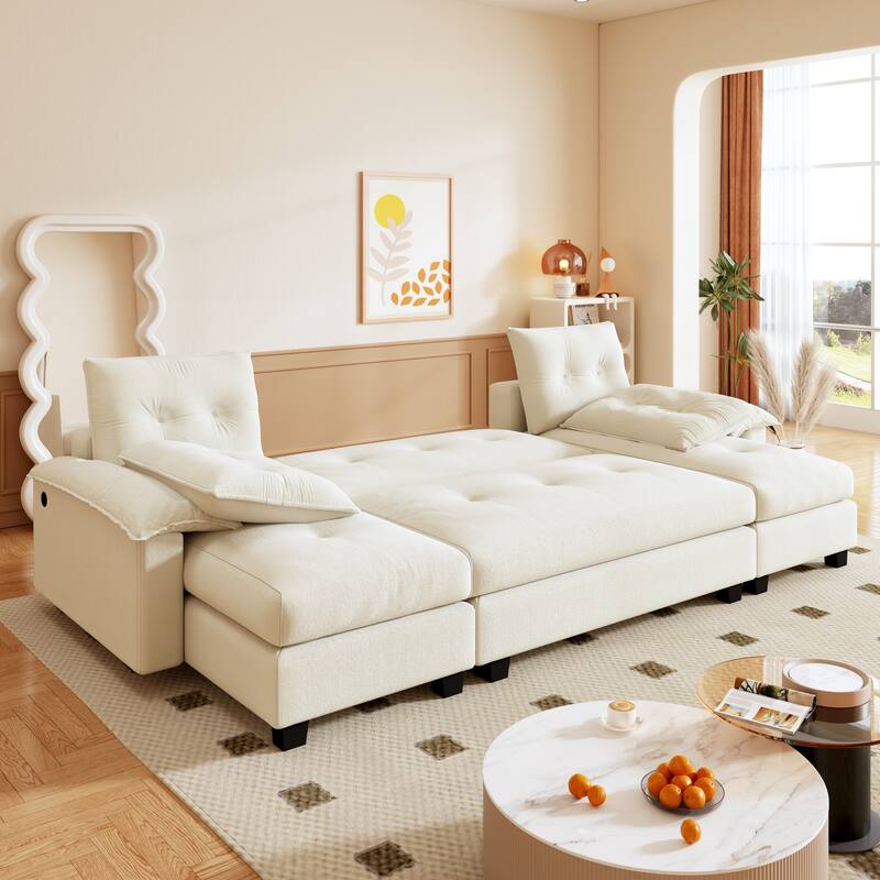 104.7" U-Shaped Sleeper Sofa, Convertible Sectional Couch with Pull-Out Bed, Removable Armrests, USB Ports & Chaise Lounge