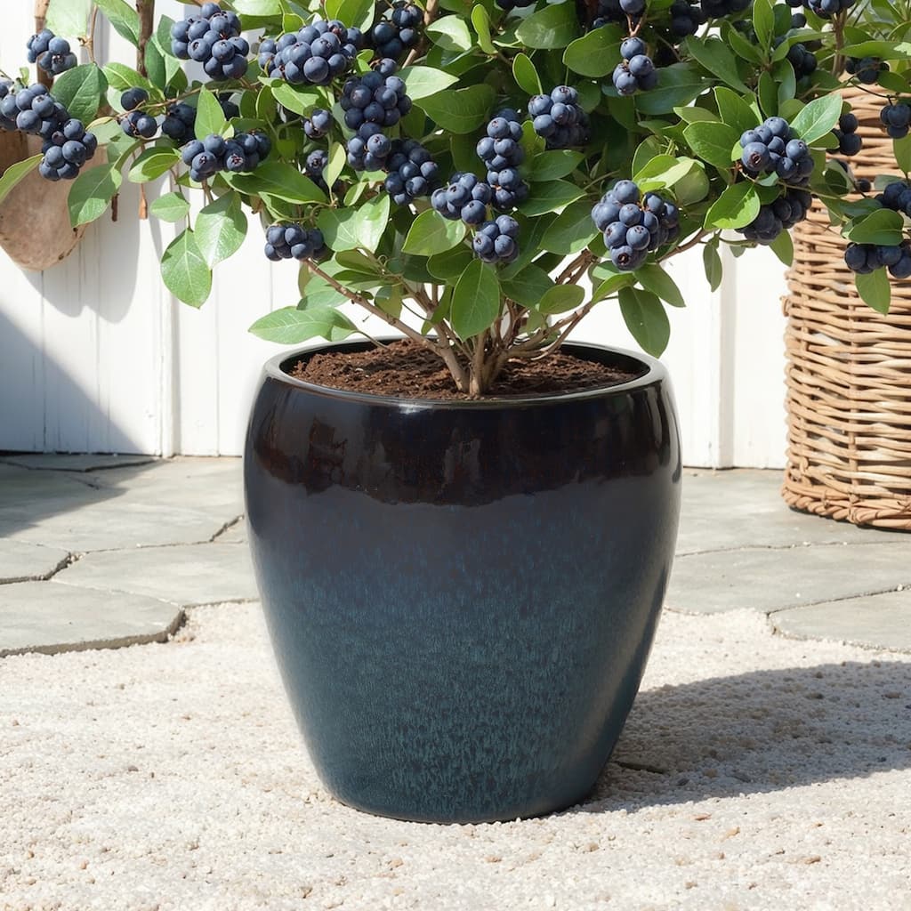 Midnight Flame Glazed Ceramic Planter, 12" Round Pot for Indoor/Outdoor - 11.89" H x 12.01" Diameter