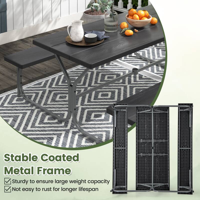 72 Inch 8-Person Outdoor Picnic Table and Bench Set with HDPE Wood-Texture Top and with Built-in Umbrella Hole