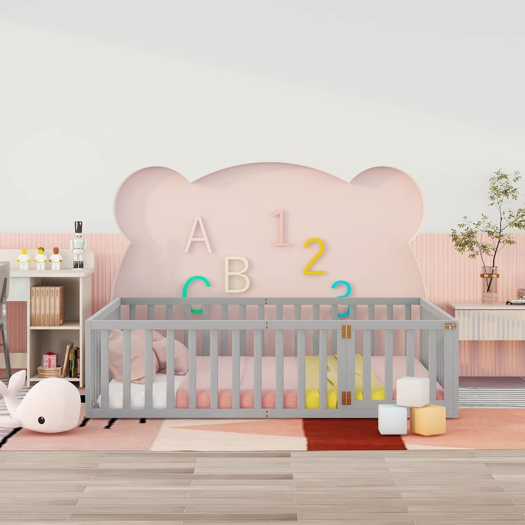 Queen Size Wood Floor Bed Frame with Fence and Door, Sturdy Pine Construction