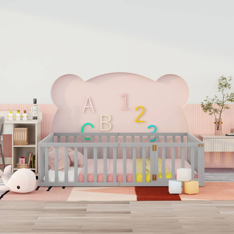 Versatile Wooden Floor Bed Frame without Slats, Solid Pinewood Kids Bed Frame with Fence and Door - Gray - Queen