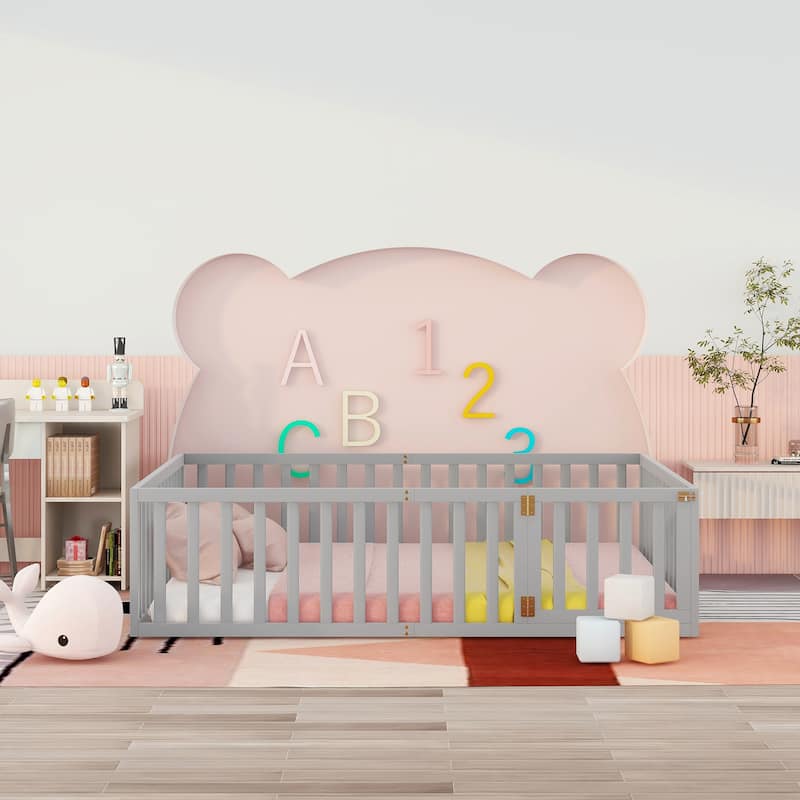 Wood Queen Size Floor Bed Frame with Fence and Door Versatile Design