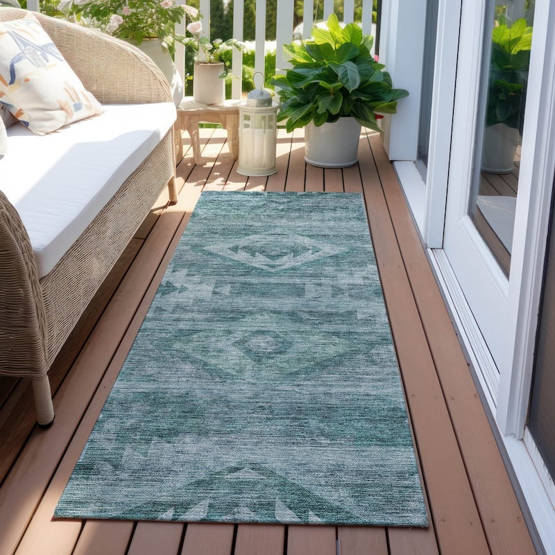 Machine Washable Indoor/ Outdoor Chantille Boho Tribal Rug - Teal - 2'3" x 7'6"
