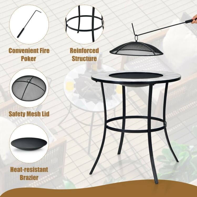 25.5 Inches Round Fire Pit Table with Mesh Cover and Fire Poker - 25.5" x 25.5" x 27.5" (L x W x H)