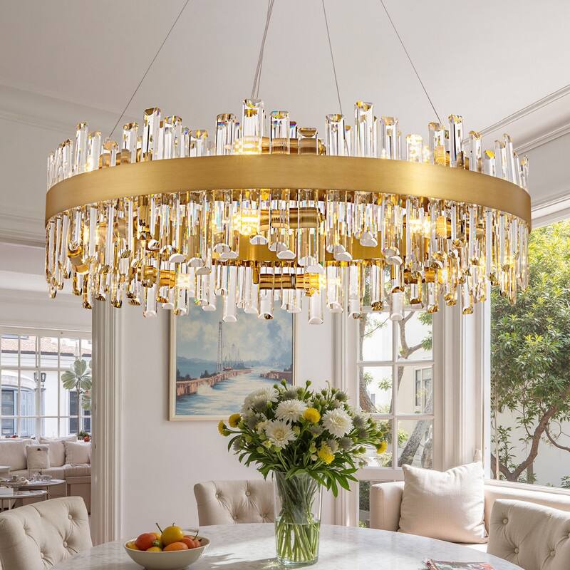 32 in. 2-Tier Modern Crystal Chandelier Brass Gold Round Crystal Raindrop Chandelier Contemporary Pendant Light for Dining Room - 31.5 IN