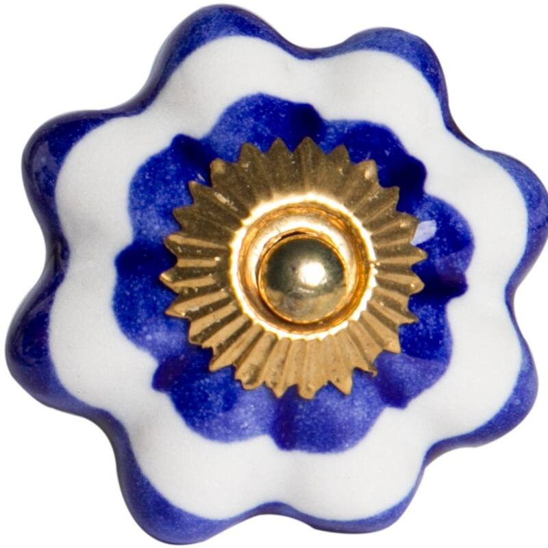 Set of 12 Blue White Gold Round Pulls Ceramic Flower Knobs for Cabinets Drawers or Wardrobes - Blue, White, Gold