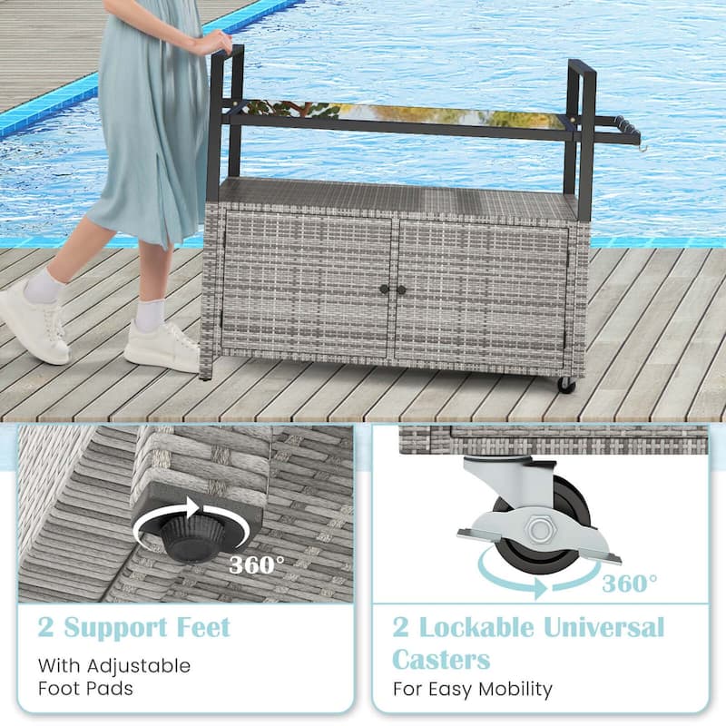 Costway Outdoor Bar Cart with Tempered Glass Top Storage Cabinet & 8 - See Details