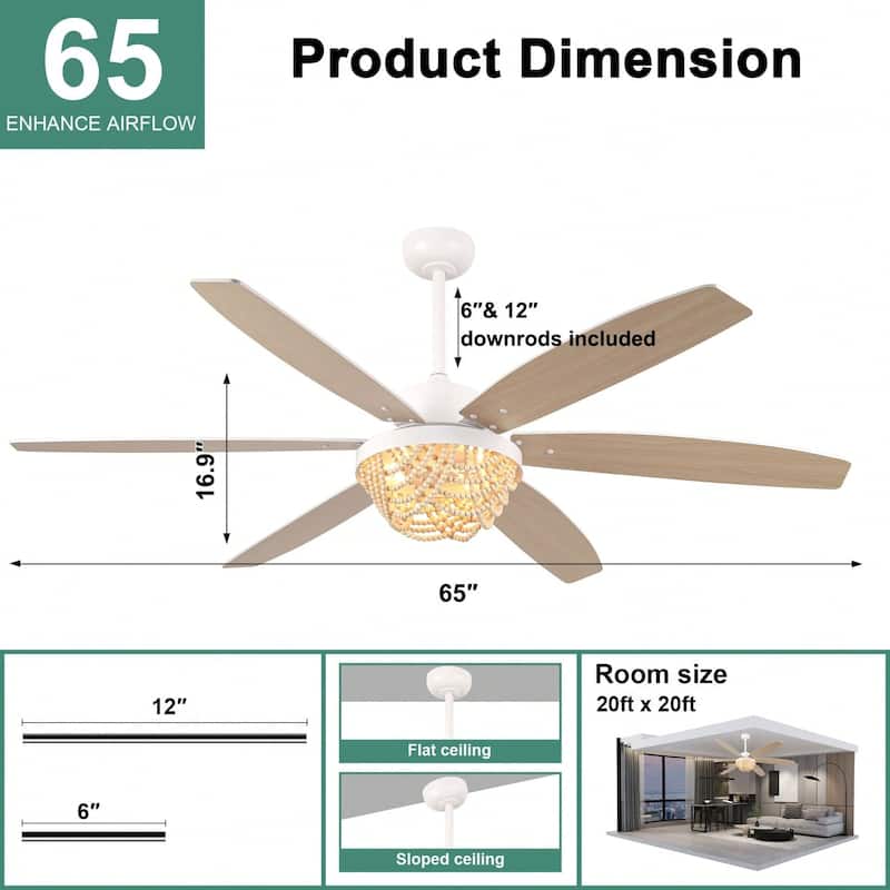 Cusp Barn 65" Boho White Ceiling Fan with Light and Remote, Farmhouse 6-Speed Wood Beaded Chandelier Ceiling Fan for Large Room