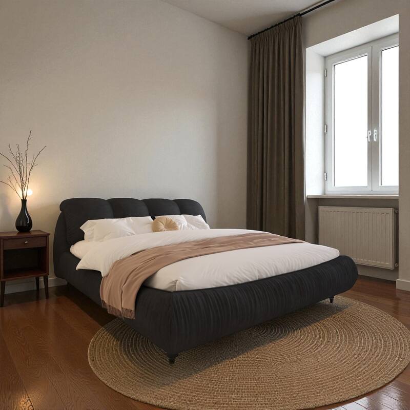 Queen/King Size Luxury Upholstered Platform Bed with Oversized Padded Headboard, Solid Wood Frame & Adjustable Mattress Height