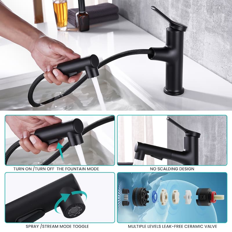 7.09"H Solid Brass Single-Handle Single Hole Pull Out Sprayer Bathroom Sink Faucet With DeckPlate