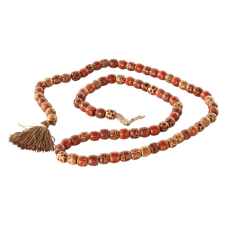 Red or Brown Wood Handmade Long Beaded Garland with Tassel with Bohemian Patterns