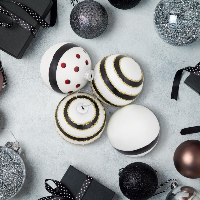 4 Shiny White Black Striped Christmas Glass Ball Ornaments 3" 80mm