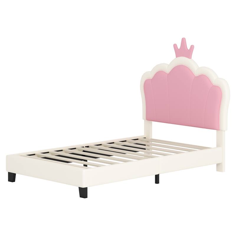 Cute Girl Princess Bed with Crown Headboard, PU Upholstered Platform Bed, Wood Panel Bed Low Profile Bed