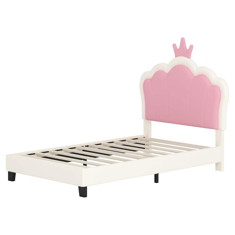 Enchanting Cream & Pink Twin Princess Bed with Crown Headboard - Magic!