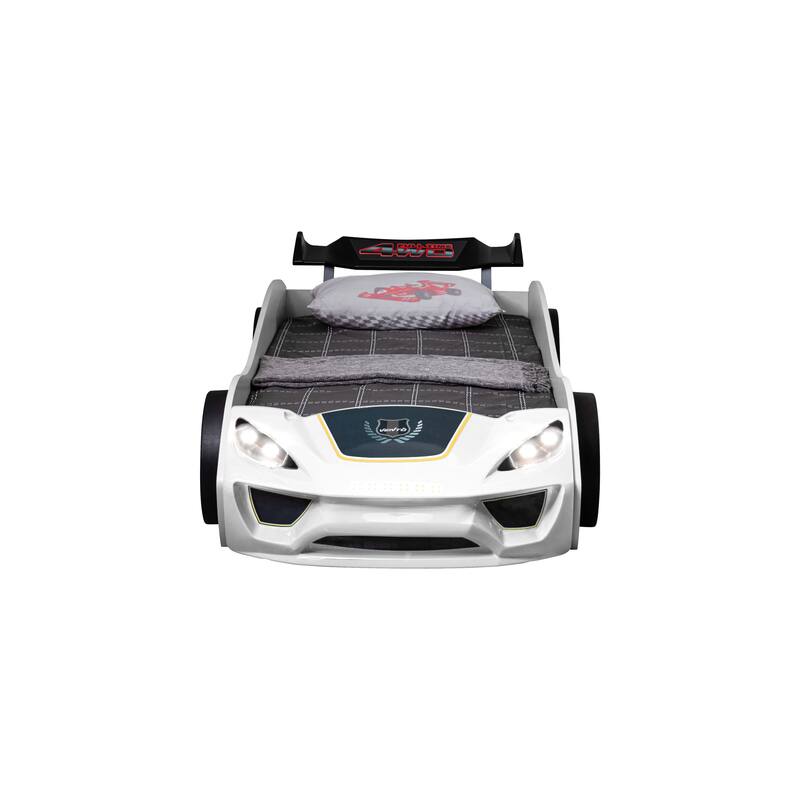 Furniture of America Ranger Modern White Twin Race Car-Shaped Platform Bed with LED Headlights