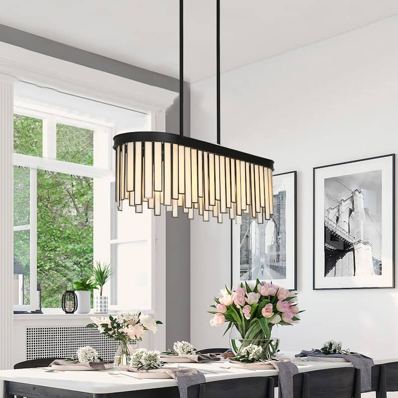 Tifany Modern Black 6-Light Linear Chandelier Glass Island Lights for Dining Room - 28.1''L x 9.2''W x 8.9''H