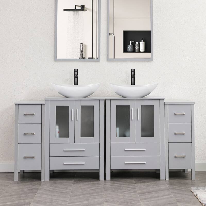 72" Bathroom Vanity Set Glass Ceramic Vessel Sink Side Cabinet Combo