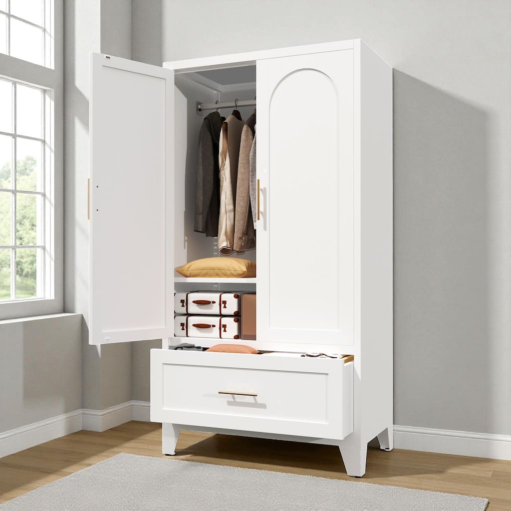 60" Metal Wardrobe Cabinet with Drawer and Hanging Rod, Steel Storage Closet with Adjustable Shelf for Bedroom & Office