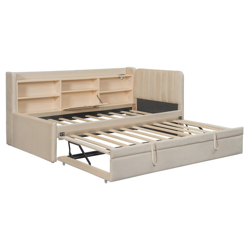 Velvet Upholstered Twin Daybed with Trundle, Storage Shelves & USB Charging (Beige)
