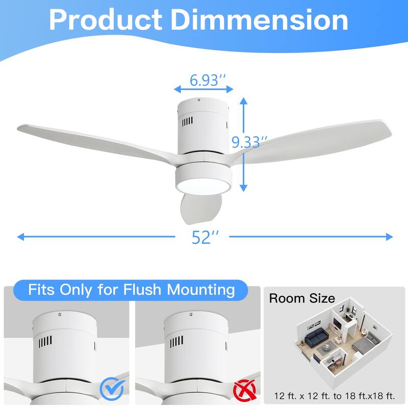 Sofucor 52 Inch Noiseless Flush Mount Ceiling Fan with Remote/Smart App Control,Dimmable Lights Optional,Reversible Motor