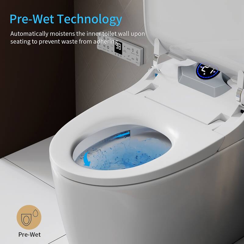Smart Toilet Bidet Combo with Foot Sensor. Auto Open Close. Heated Seat. Warm Air Dryer. LED Display. Remote