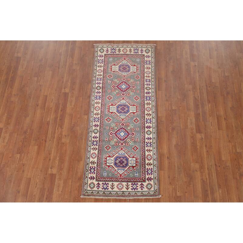 Hand Knotted Oriental 100% Wool Carpet Traditional Geometric Greys & Charcoal Kazak Runner Rug - 6' 7'' X 2' 7''