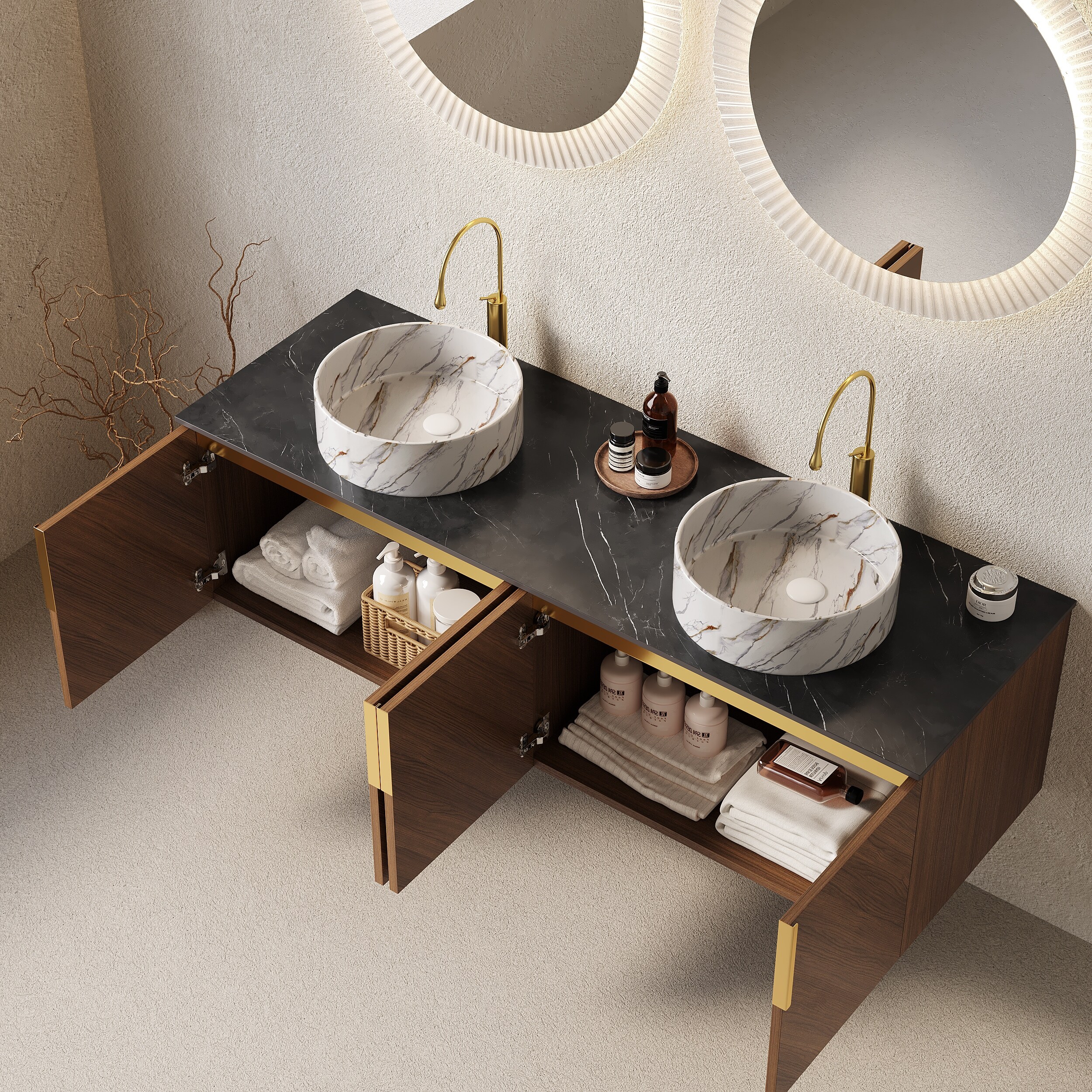 60 Inch Bathroom Vanity With Sinks Wall Mounted Storage Cabinet 4 Doors