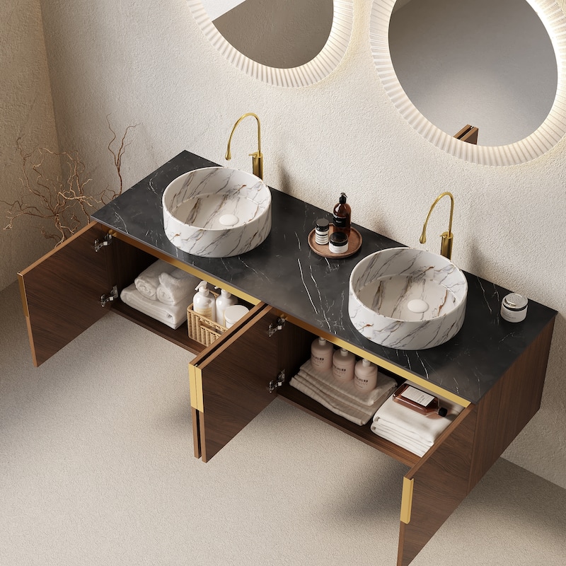 Floating Bathroom Vanity Wall Storage Cabinet with White Round Basin with Stone Patterns and Black Sintered Stone Countertop