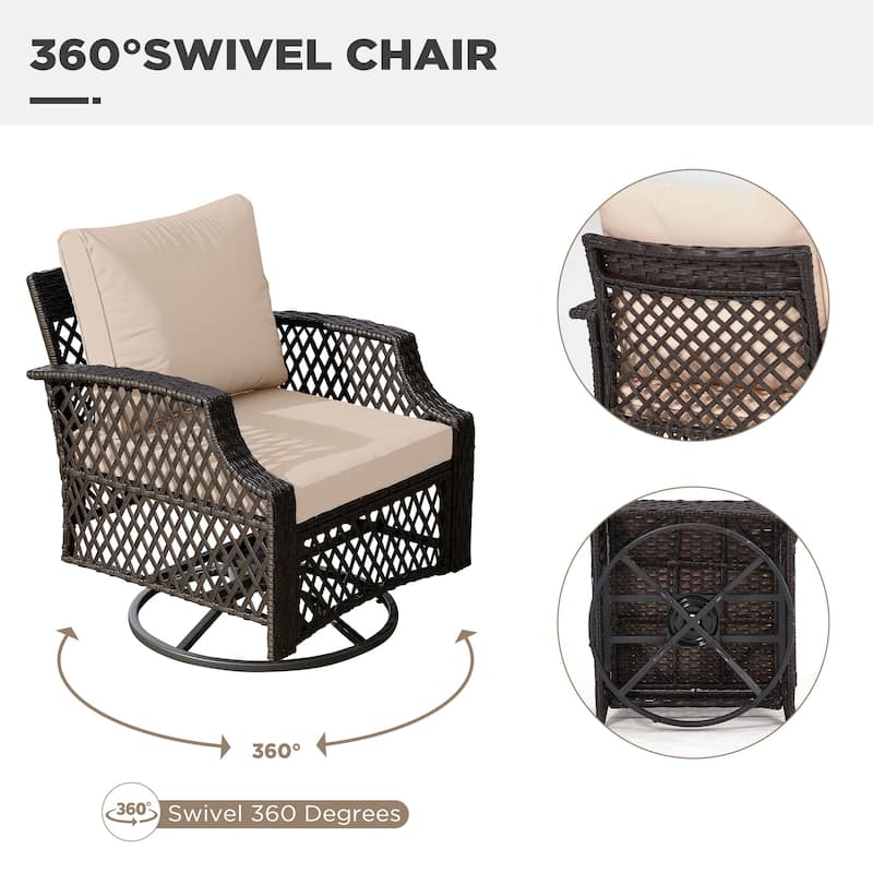 Outdoor Wicker Patio Set w Swivel Chairs & Sofa, Ottomans and Tables, Modular 3/5/6/7-Piece, All-Weather Conversation Set.