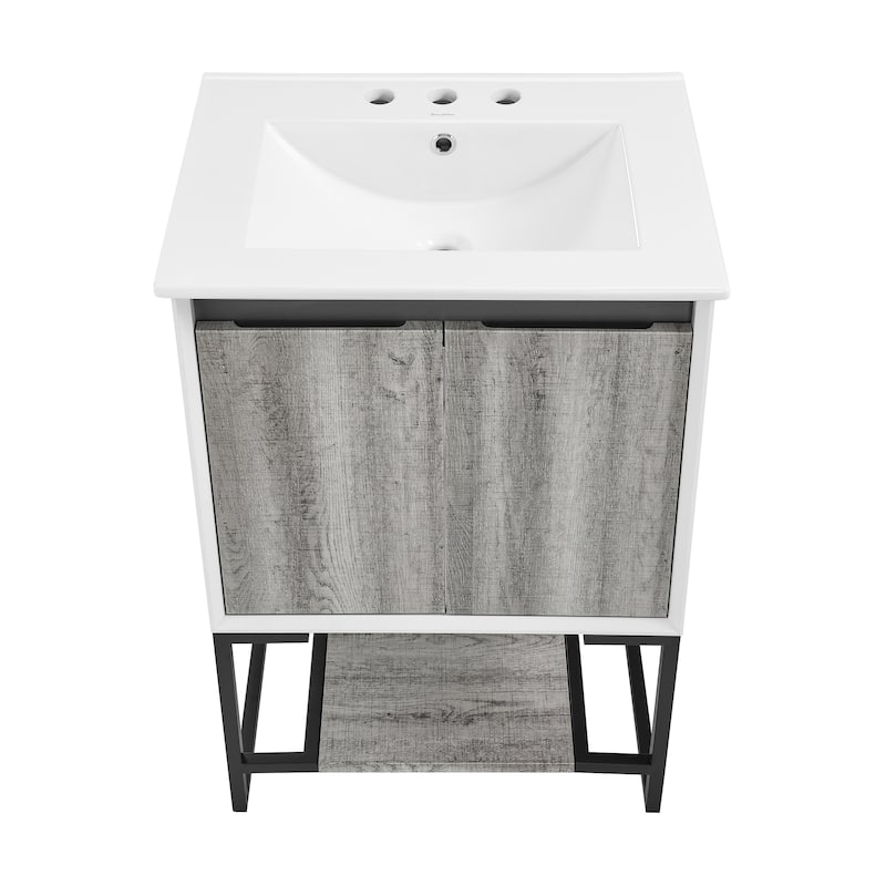 Marseille 24 In. Gray Oak Bathroom Vanity With White, 3-Hole Ceramic Sink Top