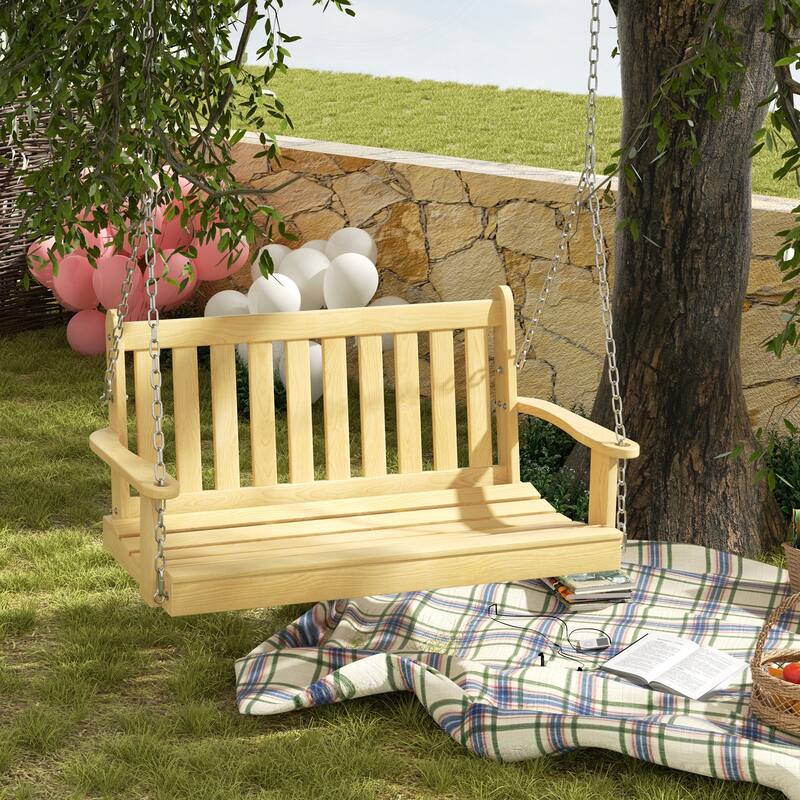 Futzca Outdoor Wooden Porch Swing, Bench Swing with Hanging Chains - Natural