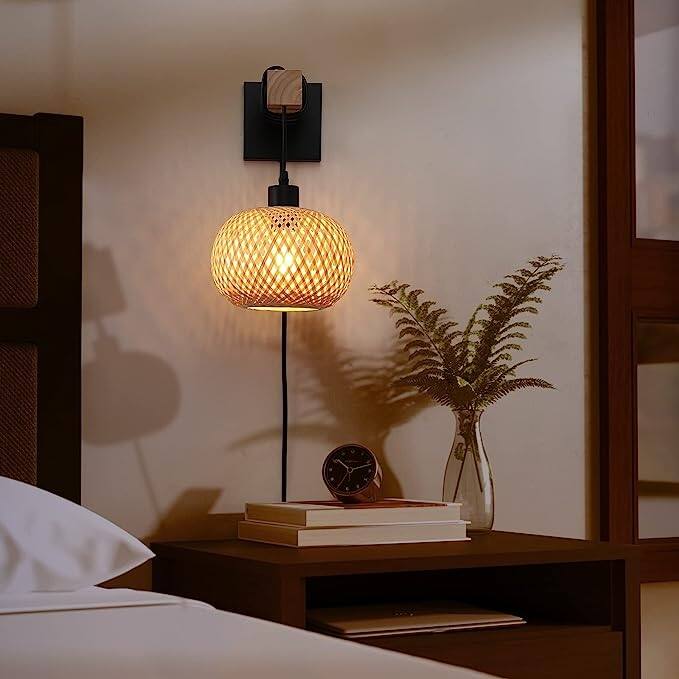 Bamboo Rattan Lantern Lampshade Wood Beam Wall Mounting Hanging Lamp,Industrial Modern Wire Plug in Wall Sconce for Bedroom