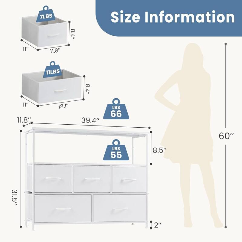 Modern 5 Fabric Drawer 11.8 in. Wide Chest of Drawers with Open Shelf & TV Stand for 45 Inch TV Living Room