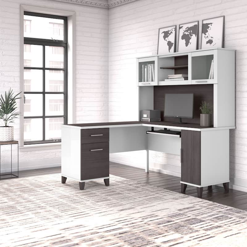 Bush Furniture Somerset 60W L Shaped Desk with Storage Hutch - Storm Gray/White