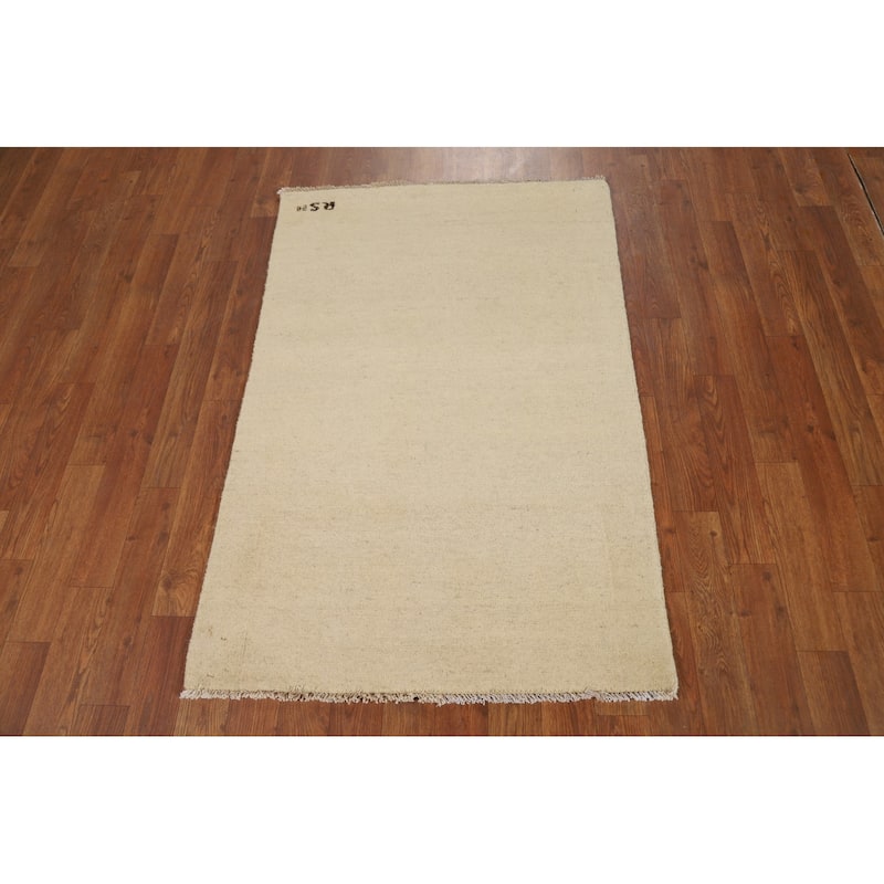 Gabbeh Modern Foyer Rug Handmade Beige Solid Wool Carpet - 2'7"x 4'0"
