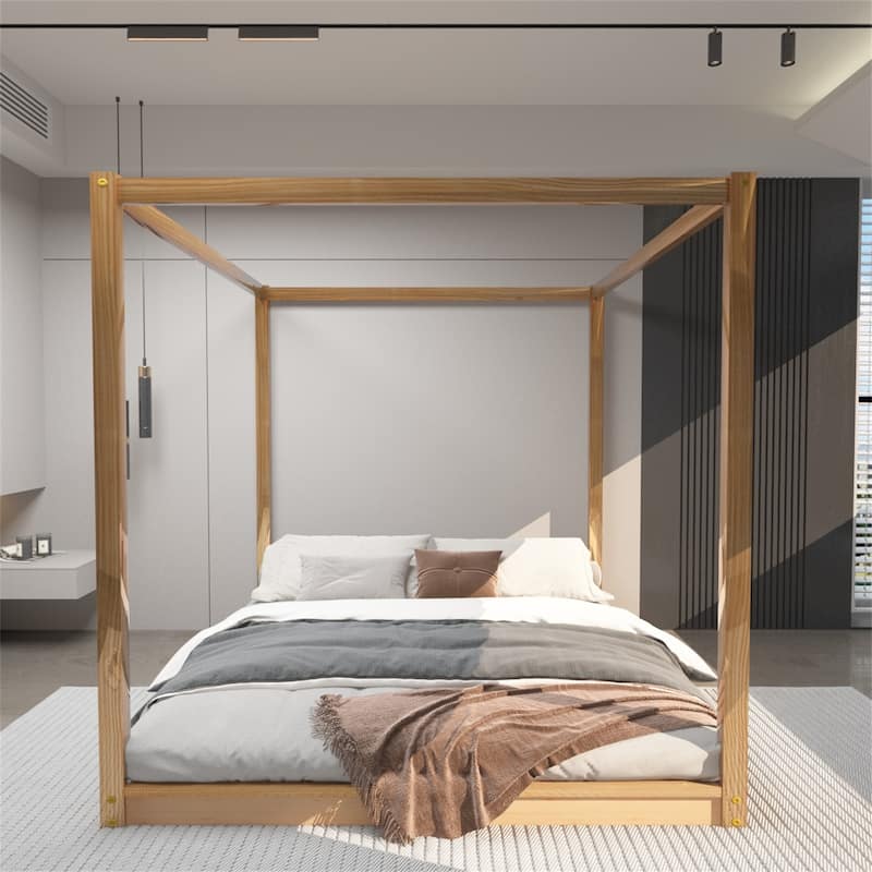 Queen Size Canopy Platform Bed with Support Legs - Natural
