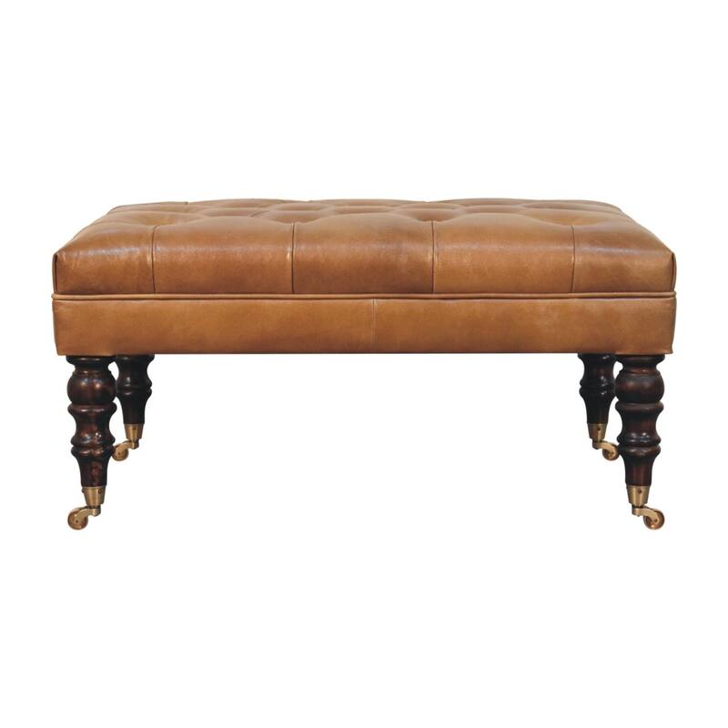 Artisan Furniture Solid Wood , Leather upholstered, California Walnut Buffalo Green Leather Ottoman with Castor Legs , Brown