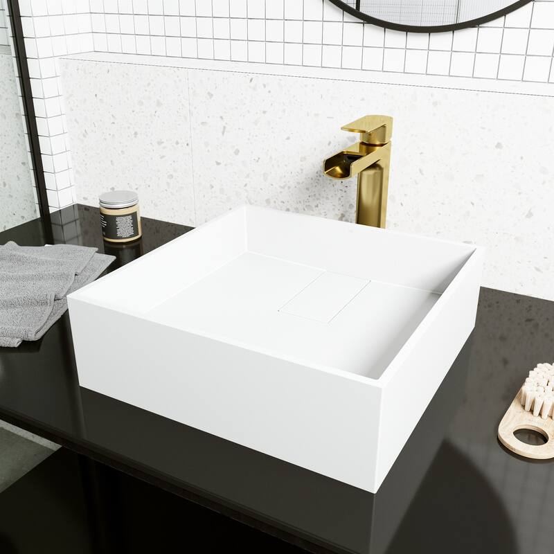 VIGO Bryant 15"L x 15"W MatteStone Vessel Sink and Amada 10"H Faucet Set - Matte White